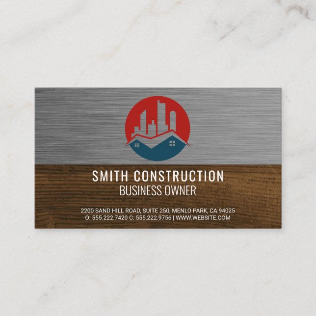 Cartão De Visita Imóveis | Madeira de metal | Construção (Frente)