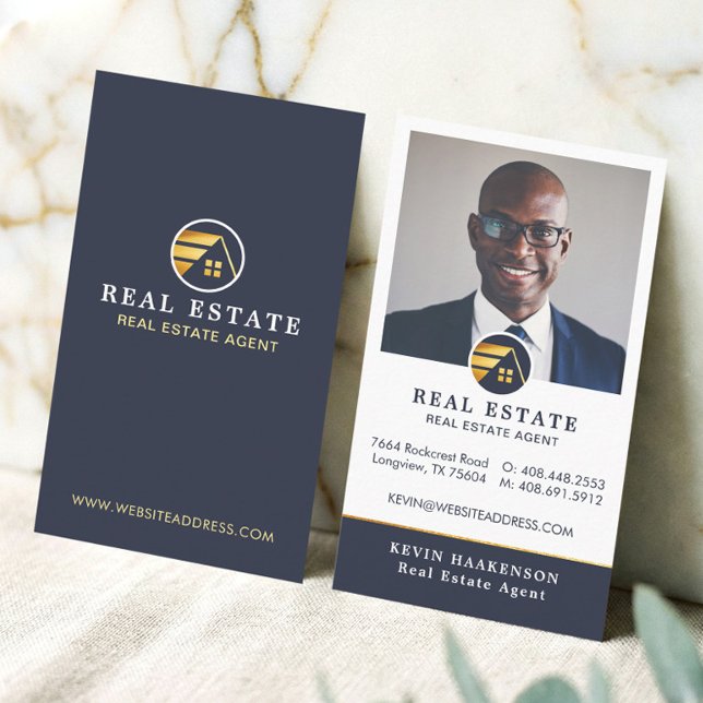 Cartão De Visita Imóveis Profissionais | Layout da Foto Vertical (Navy Gold Professional Real Estate Broker Photo Business Card)
