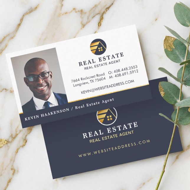 Cartão De Visita Imóveis Profissionais | Layout de Fotografia Horiz (Navy Gold Professional Real Estate Agent Photo Business Card)