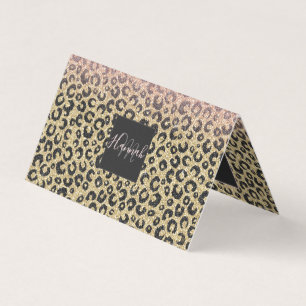 Cartão De Visita Impressão de Leopardo Preto Glitter Dourado Elega