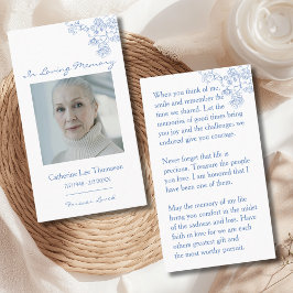 Cartão De Visita In Loving Memory Blue Floral Photo Prayer Card