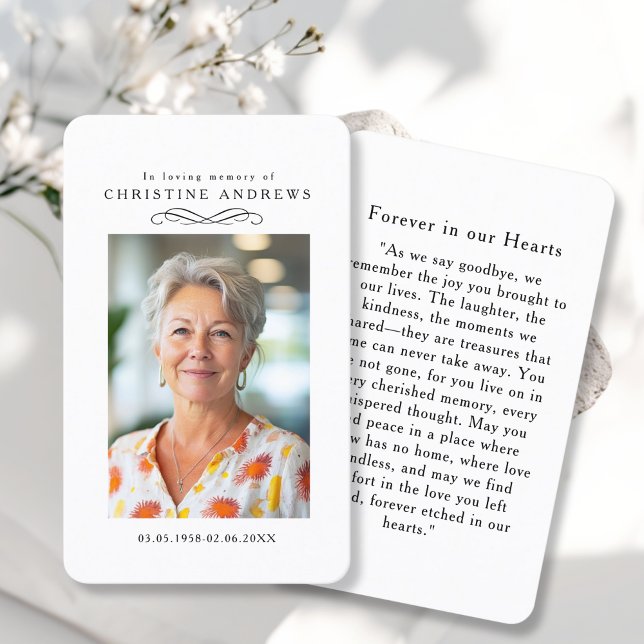 Cartão De Visita "In loving Memory" Elegant White Photo Prayer  ("In loving Memory" Elegant White Photo Prayer Business Card)