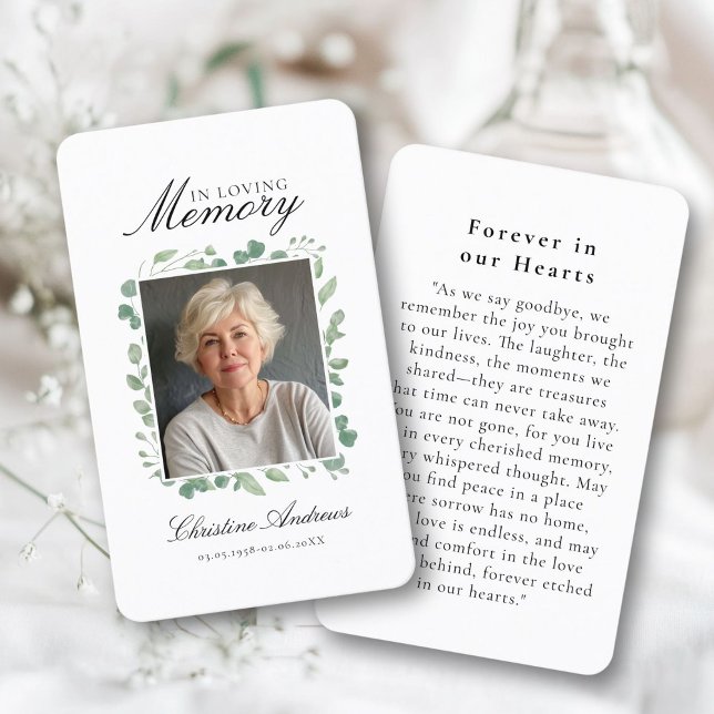 Cartão De Visita "In Loving Memory" Oração Funeral De Foto ("In Loving Memory" Funeral Photo Prayer White Business Card)