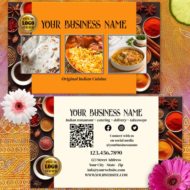 Cartão De Visita Índia Restaurante QR Code Foto de Mídia Social (Business card for an Indian restaurant or catering company with photos of your best selling dishes)