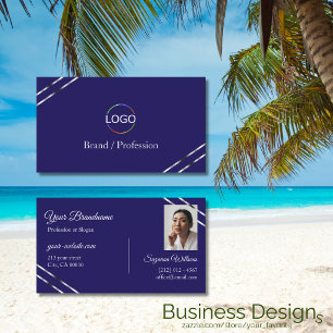 Cartão De Visita Índigo Azul com Logotipo e Foto de Linhas Prateada