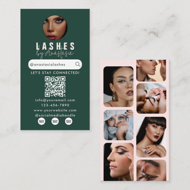 Cartão De Visita Influencer Beauty Salon Lashes Photos Green Pink  (Frente/Verso)