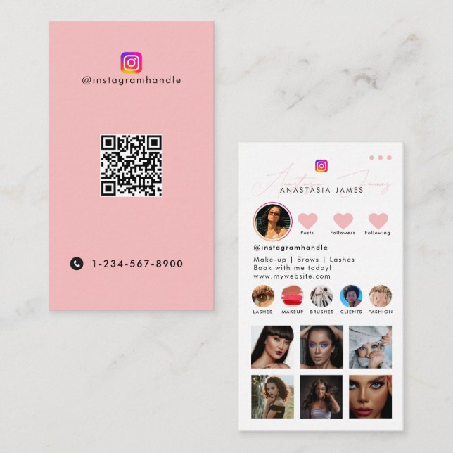 Cartão De Visita Influencer Photo Feed Social Media Código QR Rosa (Frente/Verso)