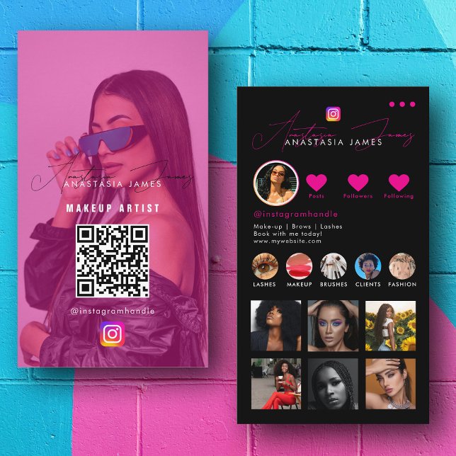 Cartão De Visita Influencer Photo Feed Social Media Código QR Rosa (Influencer Photo Feed Social Media QR Code Pink Business Card)