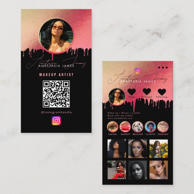 Cartão De Visita Influencer Photo Feed Social Media Código QR Rosa (Frente/Verso)