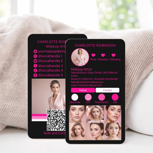 Cartão De Visita Influenciador de Maquiagem Neon Pink Beleza nas Mí (Neon Pink Makeup beauty Social Media Influencer Business Card Instagram)