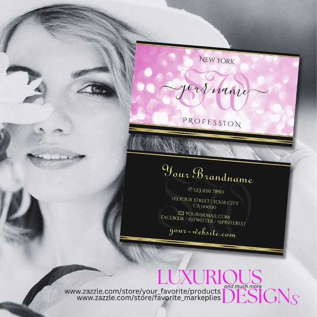 Cartão De Visita Iniciais de Borda Dourada, , Luminosa Rosa Luxuosa (Criador carregado)