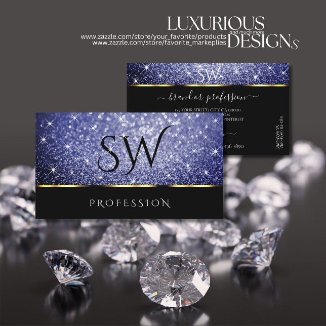 Cartão De Visita Iniciais de Brilhantes Azuis Reais de Luxo Negro S (Criador carregado)