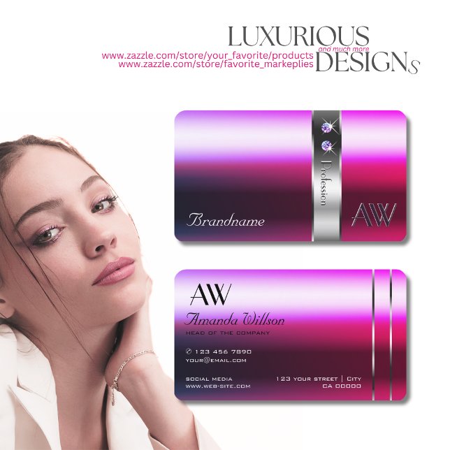 Cartão De Visita Iniciais de Decoração Prateada com Gradação Púrpur (Criador carregado)