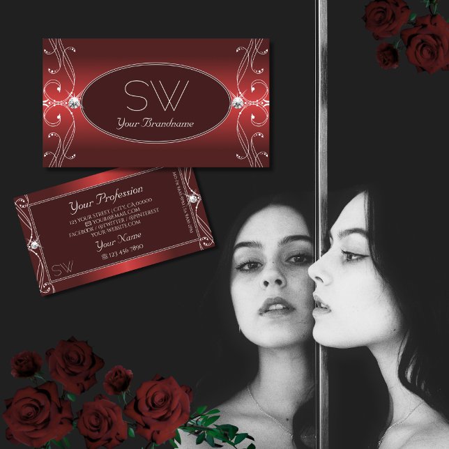 Cartão De Visita Iniciais de Diamantes de Ornamentado Vermelho Luxu (Criador carregado)