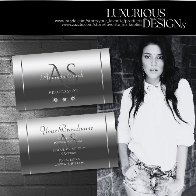 Cartão De Visita Iniciais de Diamantes de Prata Brilhante Nobre (Criador carregado)