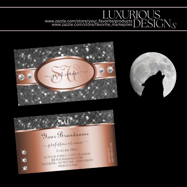 Cartão De Visita Iniciais de Diamantes Sparkle Dourados com Rosa de (Criador carregado)