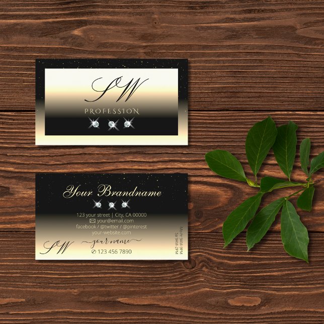 Cartão De Visita Iniciais de Diamantes Sparkle Dourados de Creme na (Criador carregado)