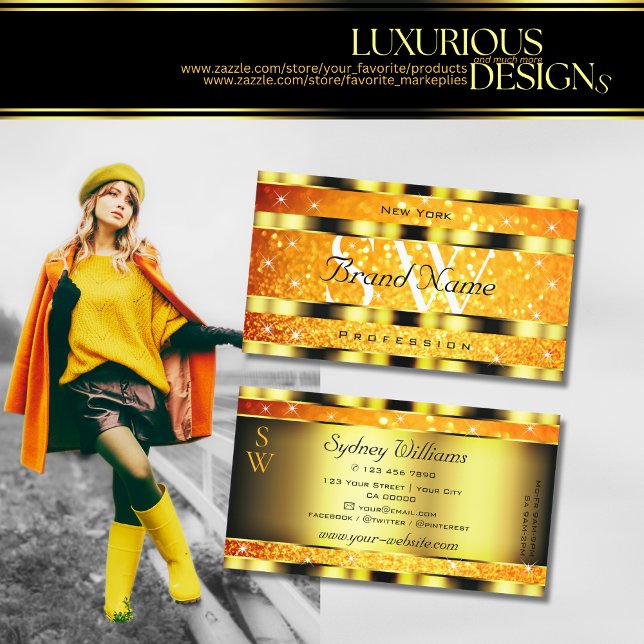 Cartão De Visita Iniciais de Estrelas de Cintura Laranja Dourada Fl (Criador carregado)