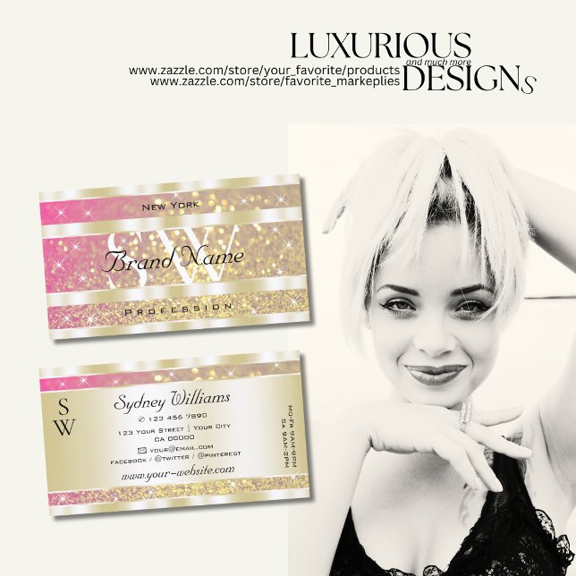 Cartão De Visita Iniciais de Estrelas Douradas Luminosas Púrpuras,  (Criador carregado)