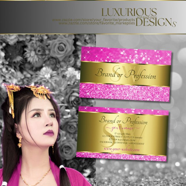 Cartão De Visita Iniciais de Estrelas Douradas Luminosas Rosa Quent (Criador carregado)