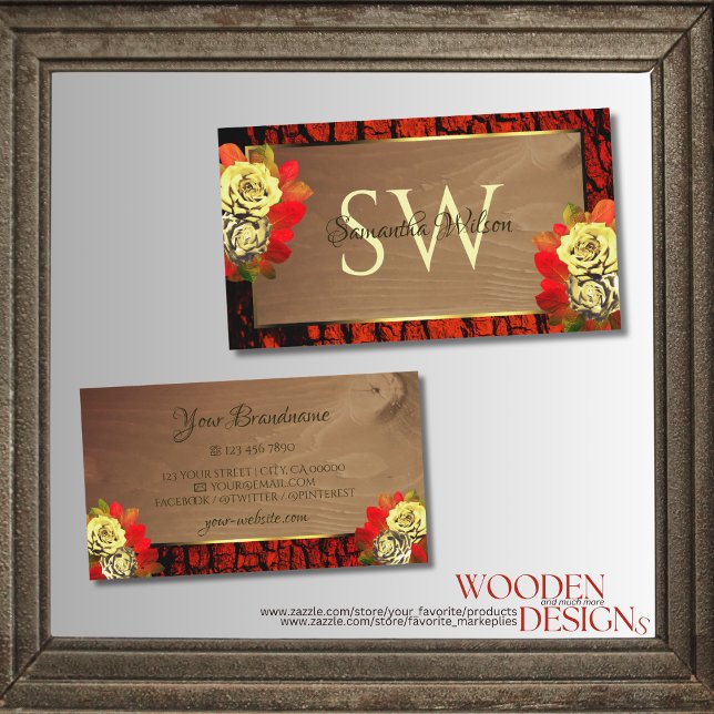 Cartão De Visita Iniciais de Grãos de Madeira de Latido Castanho-av (Criador carregado)