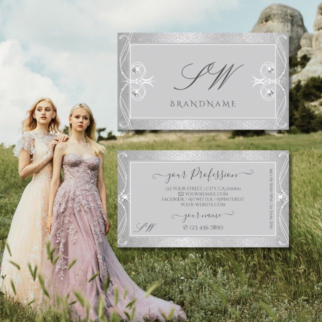 Cartão De Visita Iniciais de Joias Mosaicas Sparkle Silver Cinzas o (Criador carregado)