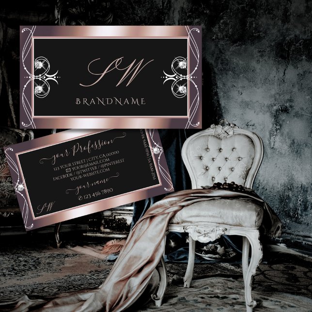 Cartão De Visita Iniciais de Joias Sparkle Douradas de Rosa preto L (Criador carregado)