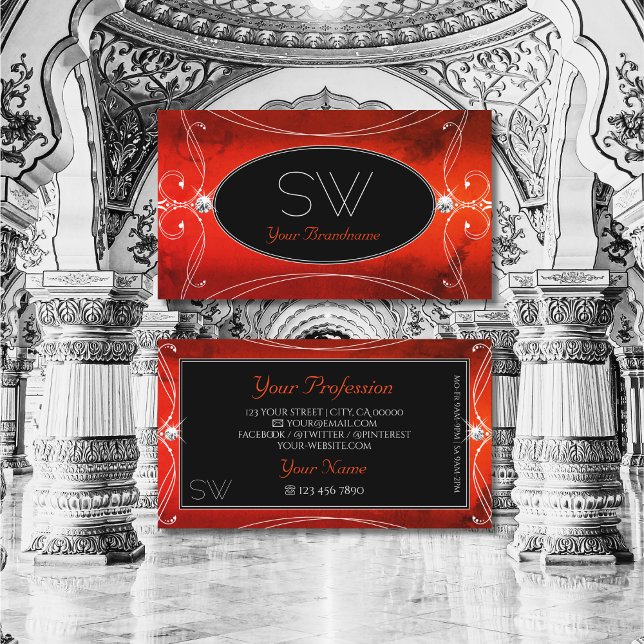 Cartão De Visita Iniciais de Jovens de Ornamentado Preto Vermelho E (Criador carregado)