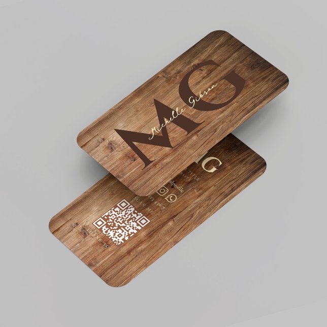 Cartão De Visita Iniciais de madeira de folha de madeira de monogra (Modern Woodworking Monogram Rustic Teak Wood Initials QR Business Card
)