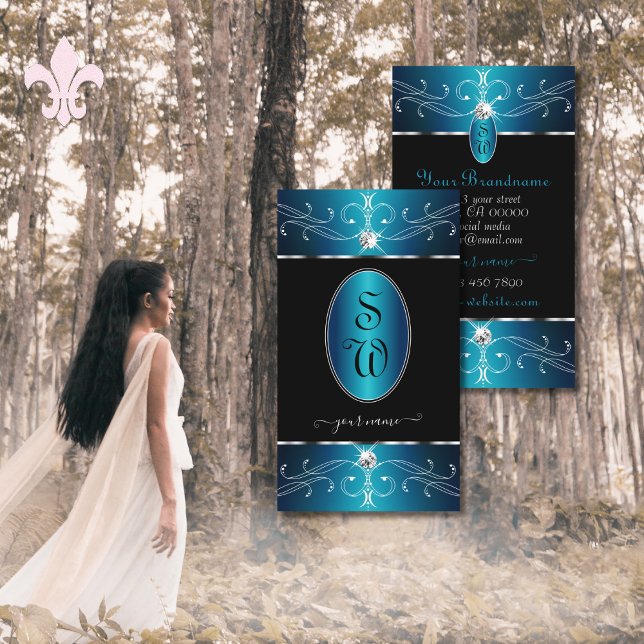 Cartão De Visita Iniciais de Ornamentado Azul-Teal Preto de Luxo (Criador carregado)