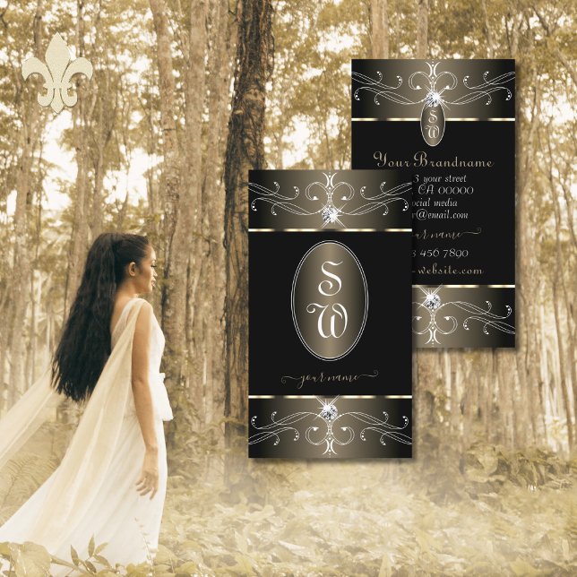 Cartão De Visita Iniciais de Ornamentado de Platina Preto Elegante (Criador carregado)