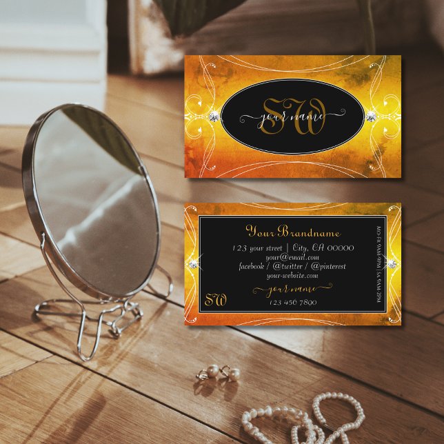 Cartão De Visita Iniciais de Ornamentado Laranja Negro Espumantes (Criador carregado)