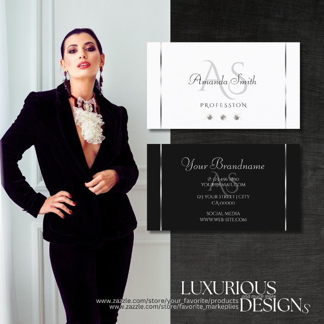 Cartão De Visita Iniciais de Ouros Brancos Modernos e Pretos (Criador carregado)