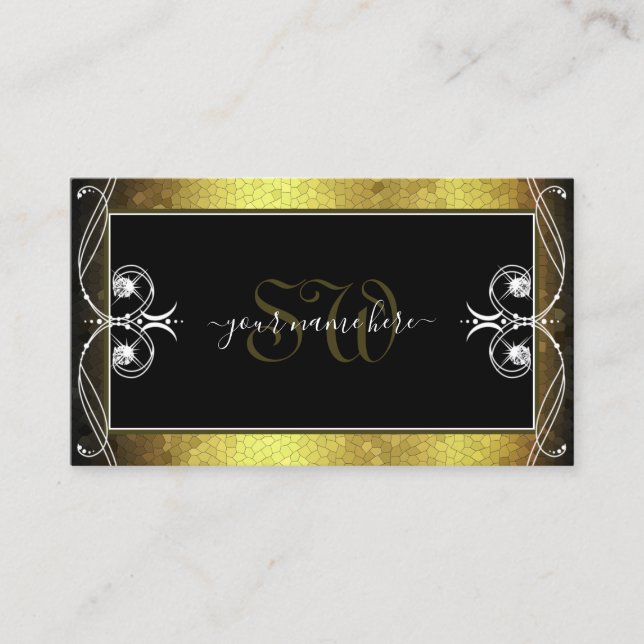 Cartão De Visita Iniciais de Ouros de Ornamentado de Mosaico Dourad (Frente)