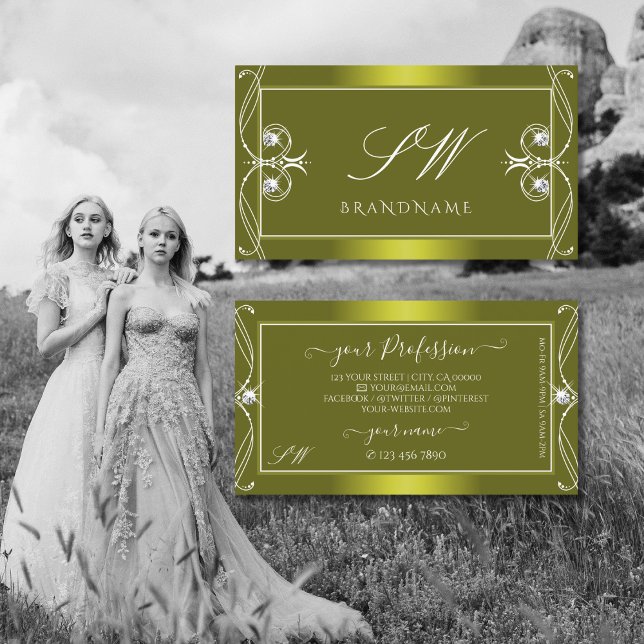 Cartão De Visita Iniciais de Ouros Espalhados de Oliva Amarela orna (Criador carregado)