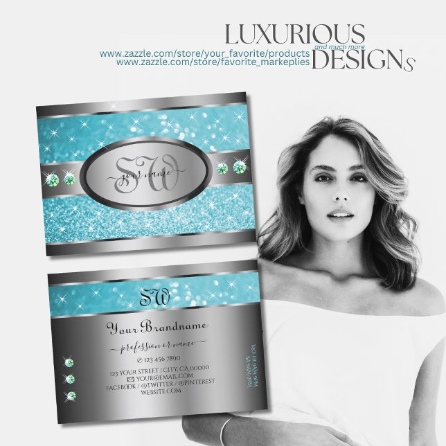 Cartão De Visita Iniciais de Rinestonas Sparkle de Teal de Prata (Criador carregado)