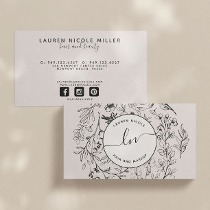 Cartão De Visita Iniciais de Script Branco Branco Blush Botânico M