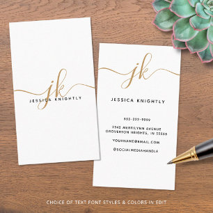 Cartão De Visita Iniciais de Script Monograma Dourado Branco Elegan