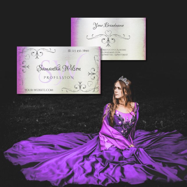 Cartão De Visita Iniciais dos cantos do Ornamentado Prateado com Sh (Criador carregado)