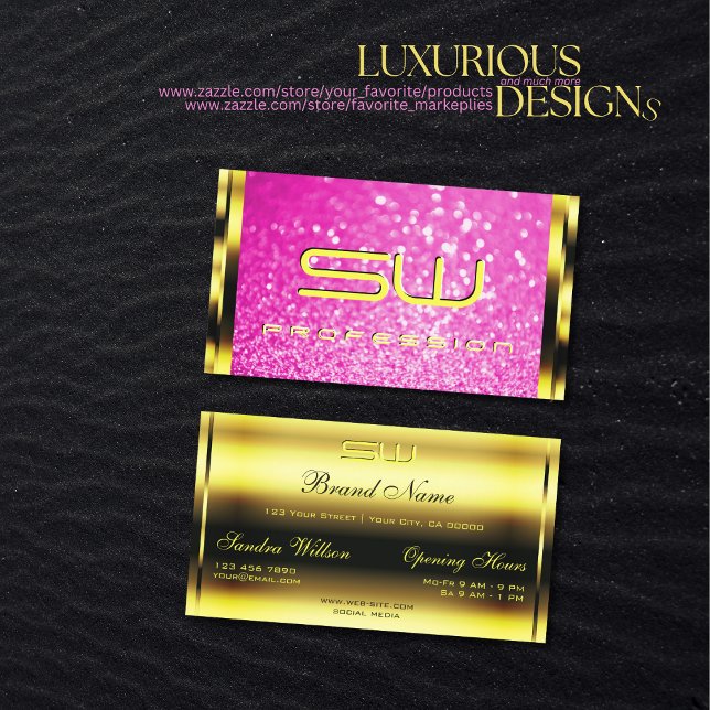 Cartão De Visita Iniciais Glitter Brilhante Rosa Dourada de luxo (Criador carregado)