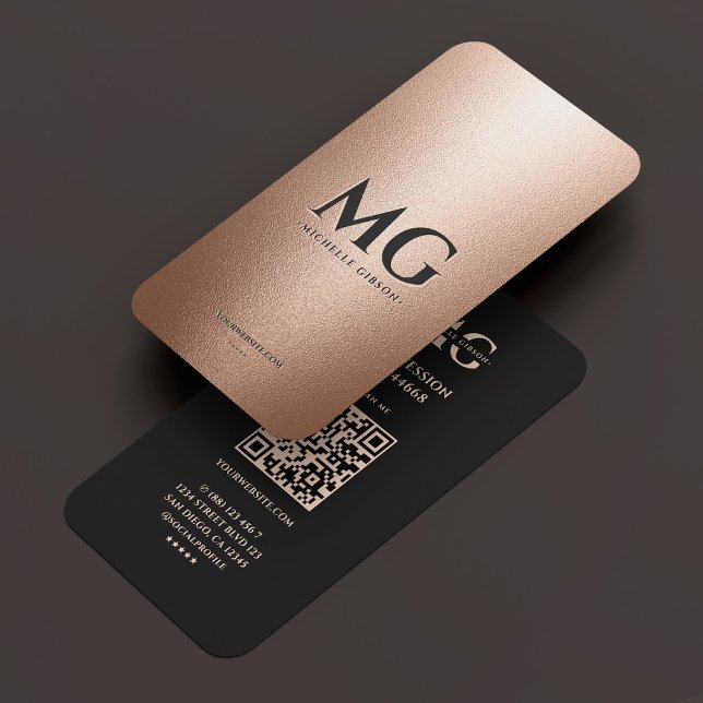 Cartão De Visita Iniciais Negros Rosa ouro Faux profissionais Mínim (Professional Rose Gold Black Initials Minimal Business Card
)