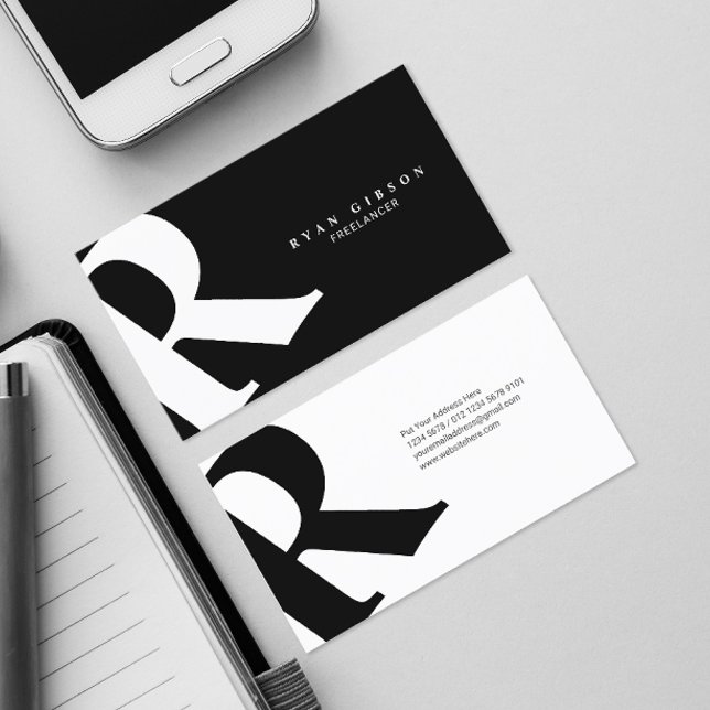 Cartão De Visita Inicial Grande | Tipografia moderna | Preto (Criador carregado)