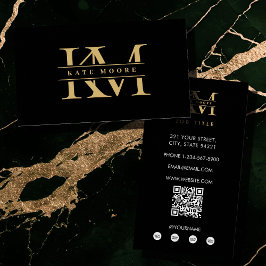 Cartão De Visita Iniciales de Monograma Modernas Preto Ouro Profiss