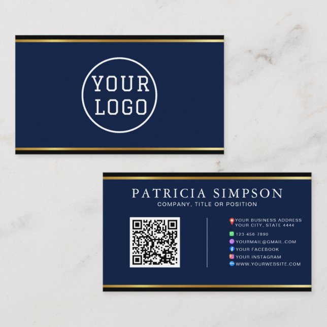 Cartão De Visita Ink Blue & Gold Edge Modern QR Code Template (Frente/Verso)