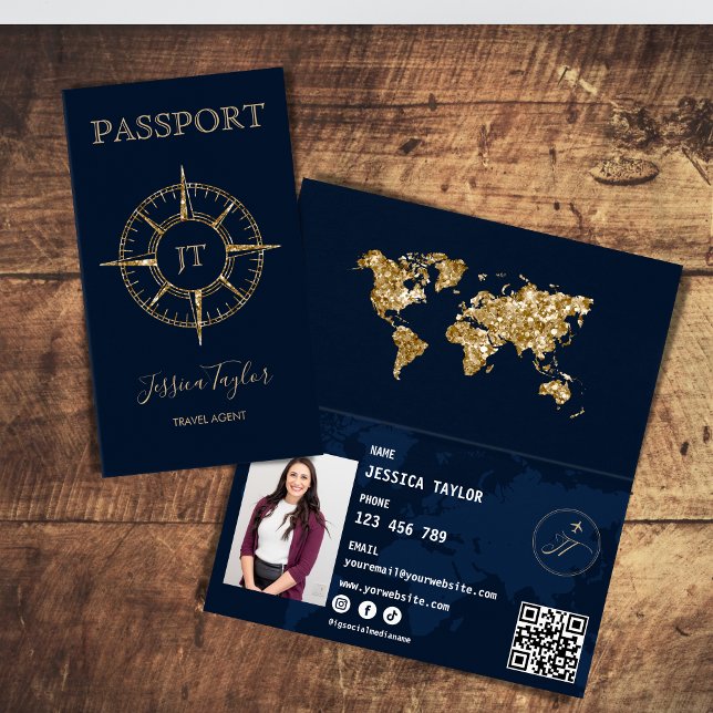 Cartão De Visita Inserir Foto do Mapa Mundial do Viagem Agent Passp (gold glitter compass passport)