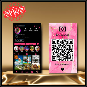 Cartão De Visita Instagram LUXO Rosa e Preto Mármore Ágata QR