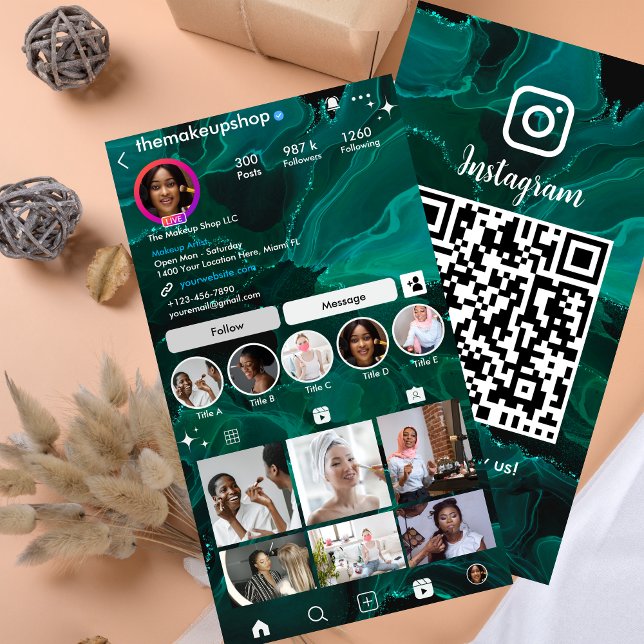 Cartão De Visita Instagram Mídia Social de Código QR Verde Marble V (Criador carregado)