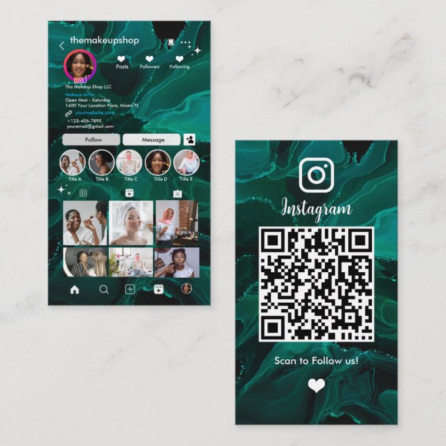 Cartão De Visita Instagram Moderno Mármore Verde Código QR Mídia So (Frente/Verso)