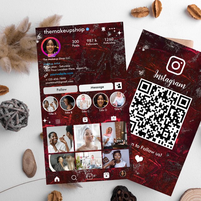 Cartão De Visita Instagram Rustic Metallic Red Code QR Code Social  (Criador carregado)