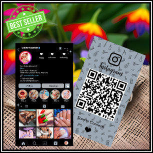 Cartão De Visita Instagram Salão de Unhas Azul Empoeirado QR Mídi